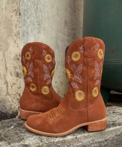 YL New In Shoes En Bloom | Orange Sunflower Embroidered Knee Cowboy Boots