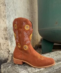 YL New In Shoes En Bloom | Orange Sunflower Embroidered Knee Cowboy Boots