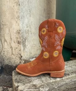 YL New In Shoes En Bloom | Orange Sunflower Embroidered Knee Cowboy Boots