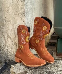 YL New In Shoes En Bloom | Orange Sunflower Embroidered Knee Cowboy Boots
