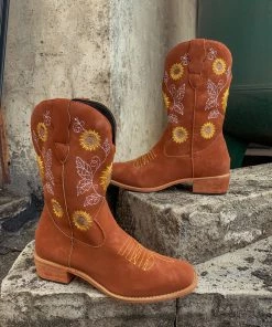 YL New In Shoes En Bloom | Orange Sunflower Embroidered Knee Cowboy Boots