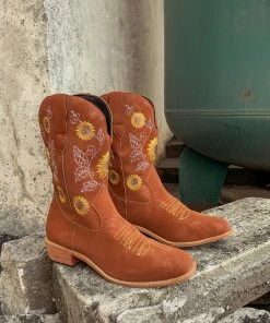 YL New In Shoes En Bloom | Orange Sunflower Embroidered Knee Cowboy Boots