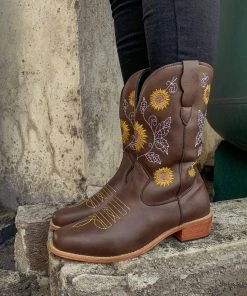 YL En Bloom | Brown Sunflower Embroidered Cowboy Knee Boots New In Shoes