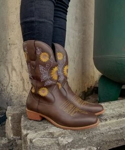 YL En Bloom | Brown Sunflower Embroidered Cowboy Knee Boots New In Shoes