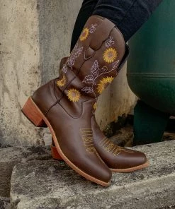 YL En Bloom | Brown Sunflower Embroidered Cowboy Knee Boots New In Shoes