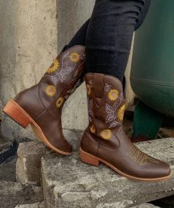 YL En Bloom | Brown Sunflower Embroidered Cowboy Knee Boots New In Shoes