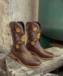 YL En Bloom | Brown Sunflower Embroidered Cowboy Knee Boots New In Shoes