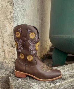 YL En Bloom | Brown Sunflower Embroidered Cowboy Knee Boots New In Shoes