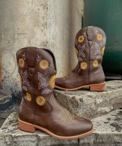 YL En Bloom | Brown Sunflower Embroidered Cowboy Knee Boots New In Shoes