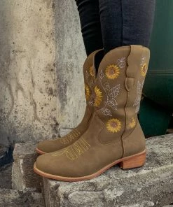YL En Bloom | Khaki Sunflower Embroidered Knee Cowboy Boots