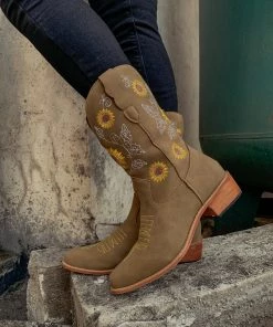 YL En Bloom | Khaki Sunflower Embroidered Knee Cowboy Boots