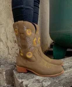 YL En Bloom | Khaki Sunflower Embroidered Knee Cowboy Boots