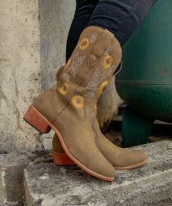 YL En Bloom | Khaki Sunflower Embroidered Knee Cowboy Boots