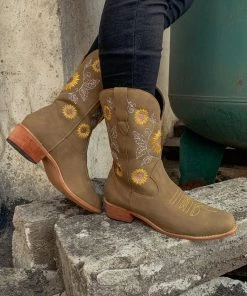 YL En Bloom | Khaki Sunflower Embroidered Knee Cowboy Boots