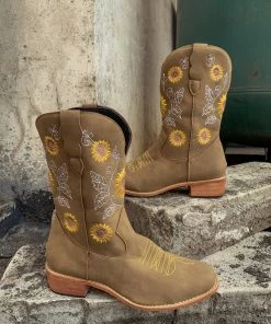 YL En Bloom | Khaki Sunflower Embroidered Knee Cowboy Boots