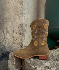 YL En Bloom | Khaki Sunflower Embroidered Knee Cowboy Boots