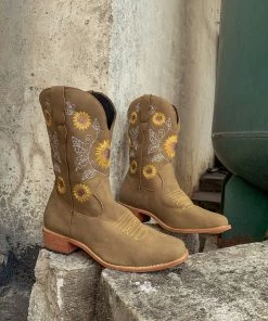 YL En Bloom | Khaki Sunflower Embroidered Knee Cowboy Boots