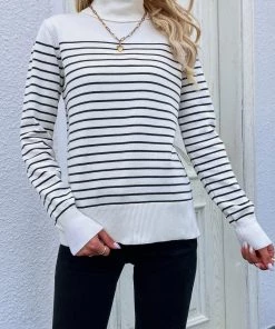 MY Smaibulun | Cream Stripe Turtleneck Knit Top New In Clothing
