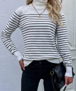 MY Smaibulun | Cream Stripe Turtleneck Knit Top New In Clothing