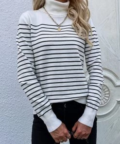MY Smaibulun | Cream Stripe Turtleneck Knit Top New In Clothing