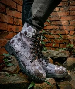 YL En Bloom | Grey Skull Rose Ankle Flat Combat Boots New In Shoes