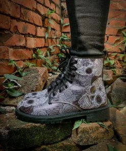 YL En Bloom | Grey Skull Rose Ankle Flat Combat Boots New In Shoes
