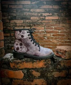 YL En Bloom | Grey Skull Rose Ankle Flat Combat Boots New In Shoes