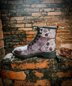 YL En Bloom | Grey Skull Rose Ankle Flat Combat Boots New In Shoes