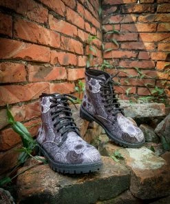 YL En Bloom | Grey Skull Rose Ankle Flat Combat Boots New In Shoes