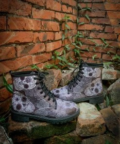 YL En Bloom | Grey Skull Rose Ankle Flat Combat Boots New In Shoes