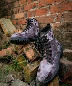 YL En Bloom | Grey Skull Rose Ankle Flat Combat Boots New In Shoes