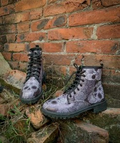 YL En Bloom | Grey Skull Rose Ankle Flat Combat Boots New In Shoes