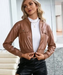 YBL Smaibulun | Zip-Pocket Crop Faux-Leather Moto Jacket -Brown New In Clothing 8 YBL Smaibulun | Zip-Pocket Crop Faux-Leather Moto Jacket -Brown New In Clothing