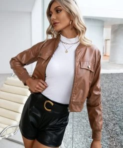 YBL Smaibulun | Zip-Pocket Crop Faux-Leather Moto Jacket -Brown New In Clothing 9 YBL Smaibulun | Zip-Pocket Crop Faux-Leather Moto Jacket -Brown New In Clothing