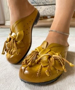 XR Rumour Has It | Flower Tassel Perforated Accent Leather Mules - Yellow