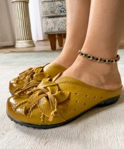 XR Rumour Has It | Flower Tassel Perforated Accent Leather Mules - Yellow