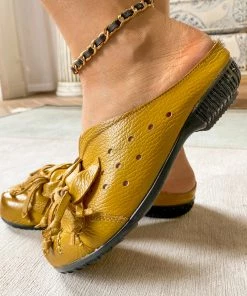 XR Rumour Has It | Flower Tassel Perforated Accent Leather Mules - Yellow
