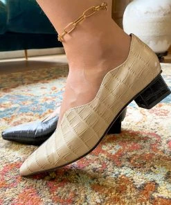 Jady Rose NEW ARRIVALS JadyRose | Scalloped Edges Croc-Embossed Leather Mid Heel Round Toe Pumps - Beige