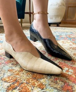 Jady Rose NEW ARRIVALS JadyRose | Scalloped Edges Croc-Embossed Leather Mid Heel Round Toe Pumps - Beige