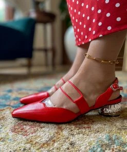 Jady Rose JadyRose | Sharp Toe Strap Detailed Leather Slingbacks - Red NEW ARRIVALS