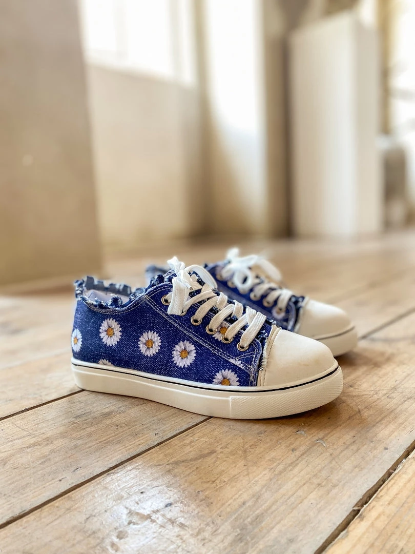 HYHE EN BLOOM | Sunflower Printed Ripped Trim Sneaker - Denim Blue 1 HYHE EN BLOOM | Sunflower Printed Ripped Trim Sneaker - Denim Blue