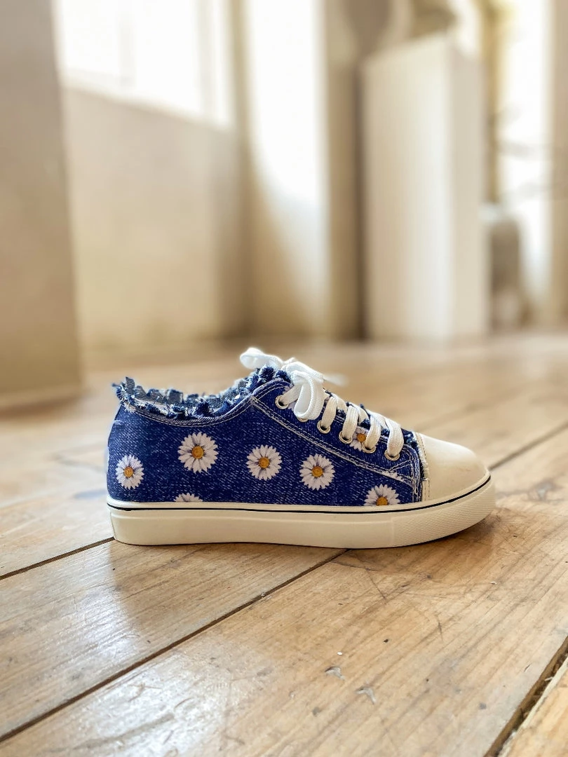 HYHE EN BLOOM | Sunflower Printed Ripped Trim Sneaker - Denim Blue 2 HYHE EN BLOOM | Sunflower Printed Ripped Trim Sneaker - Denim Blue