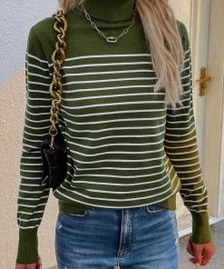 MY Smaibulun | Green Stripe Turtleneck Knit Top New In Clothing