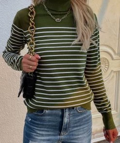 MY Smaibulun | Green Stripe Turtleneck Knit Top New In Clothing