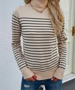 MY Smaibulun | Beige Stripe Turtleneck Knit Top New In Clothing