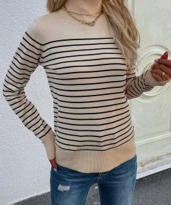 MY Smaibulun | Beige Stripe Turtleneck Knit Top New In Clothing