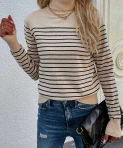MY Smaibulun | Beige Stripe Turtleneck Knit Top New In Clothing
