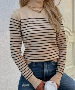 MY Smaibulun | Beige Stripe Turtleneck Knit Top New In Clothing