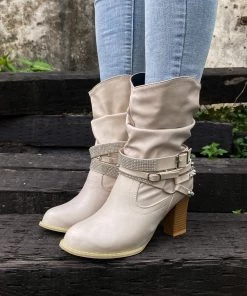 YL New In Shoes En Bloom | Rivet Strap-Wrapped Moto Boots - Cream