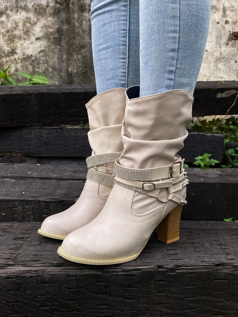 YL New In Shoes En Bloom | Rivet Strap-Wrapped Moto Boots - Cream 1 YL New In Shoes En Bloom | Rivet Strap-Wrapped Moto Boots - Cream